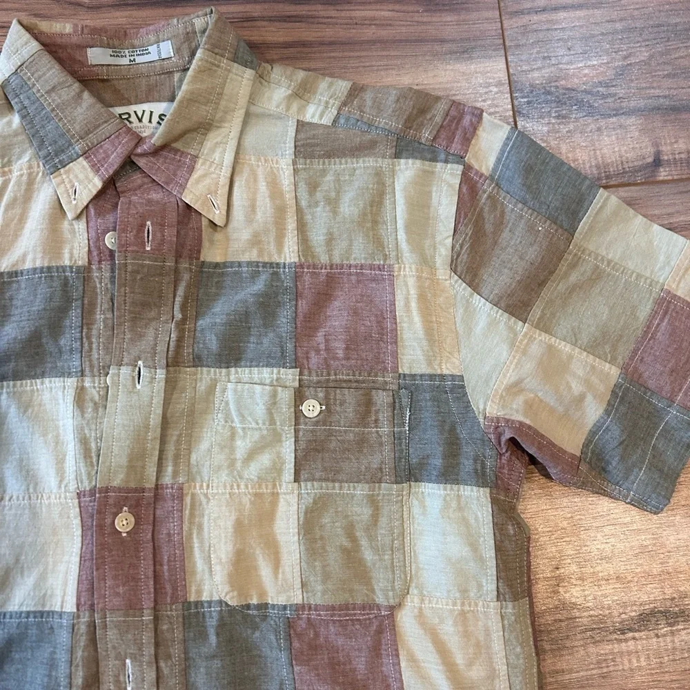 Orvis Men's Plaid Short Sleeve Shirt Patchwork Medium Rustic Vintage 100% Cotton